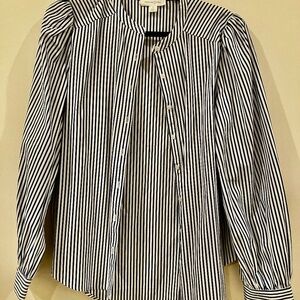 Treasure and Bond Puff Sleeve Blue White Striped Cotton Blouse